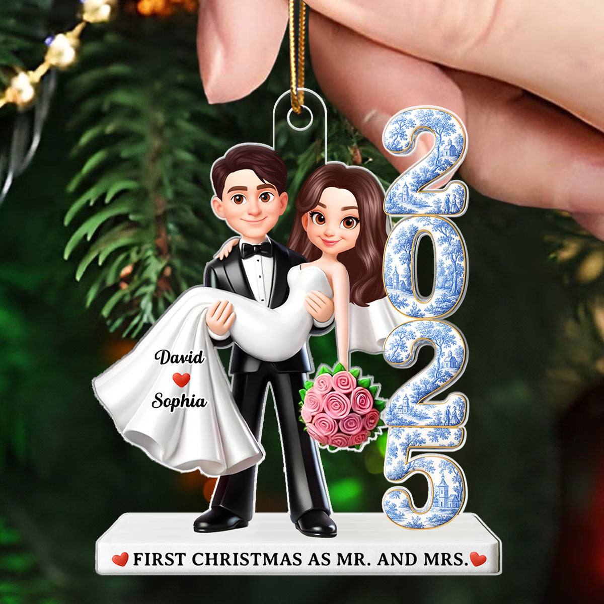Couple First Christmas Married Toile de Jouy Style - Personalized Acrylic Ornament - Christmas Gift for Newlywed, Gift for him, Gift for her