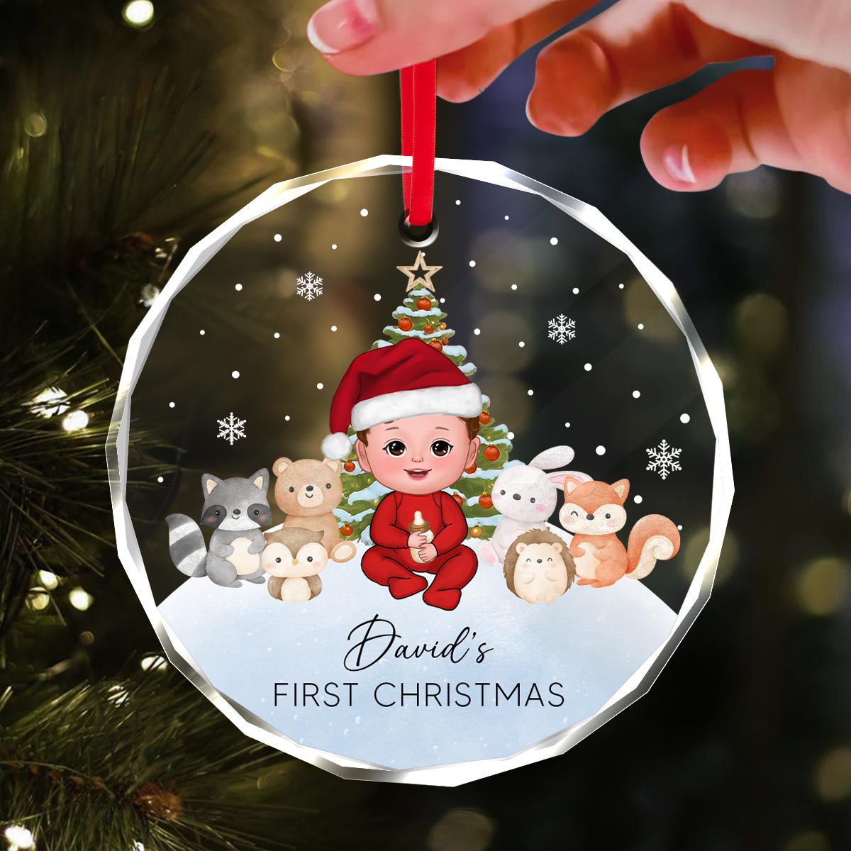 Woodland Animal Baby's First Christmas Personalized Glass Ornament