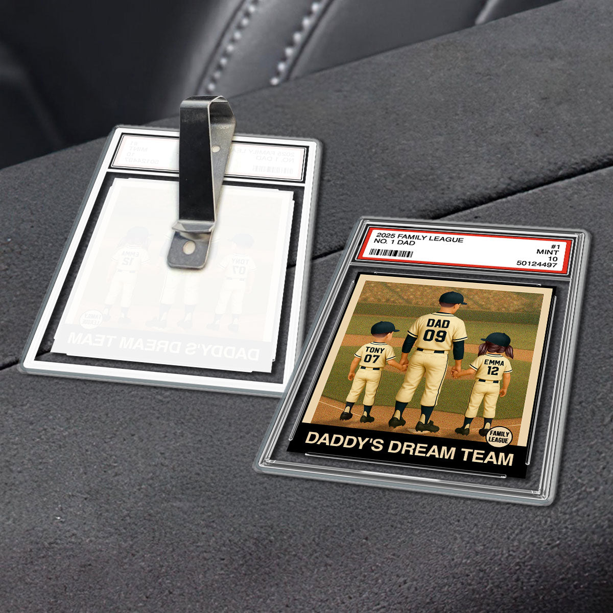 Baseball No. 1 Dad Man & Kids Trading Card Style Personalized Acrylic Car Visor Clip