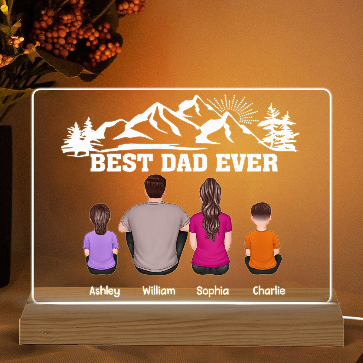 Best Dad Ever Mountain Sunlight Personalized Custom Shape Warm LED Night Light