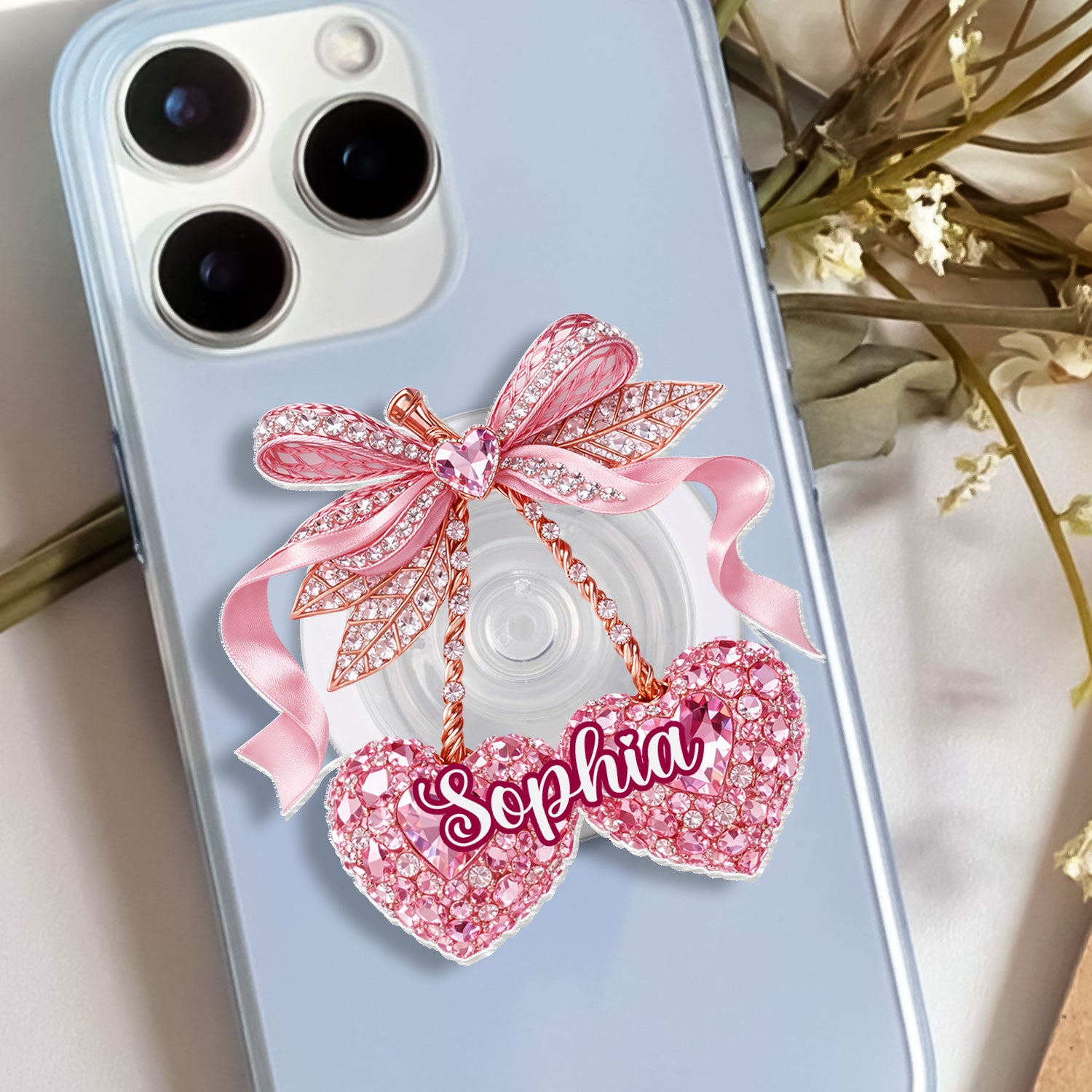 Valentine Cherry 3D Shiny Effect - Personalized Acrylic Magnetic Phone Grip