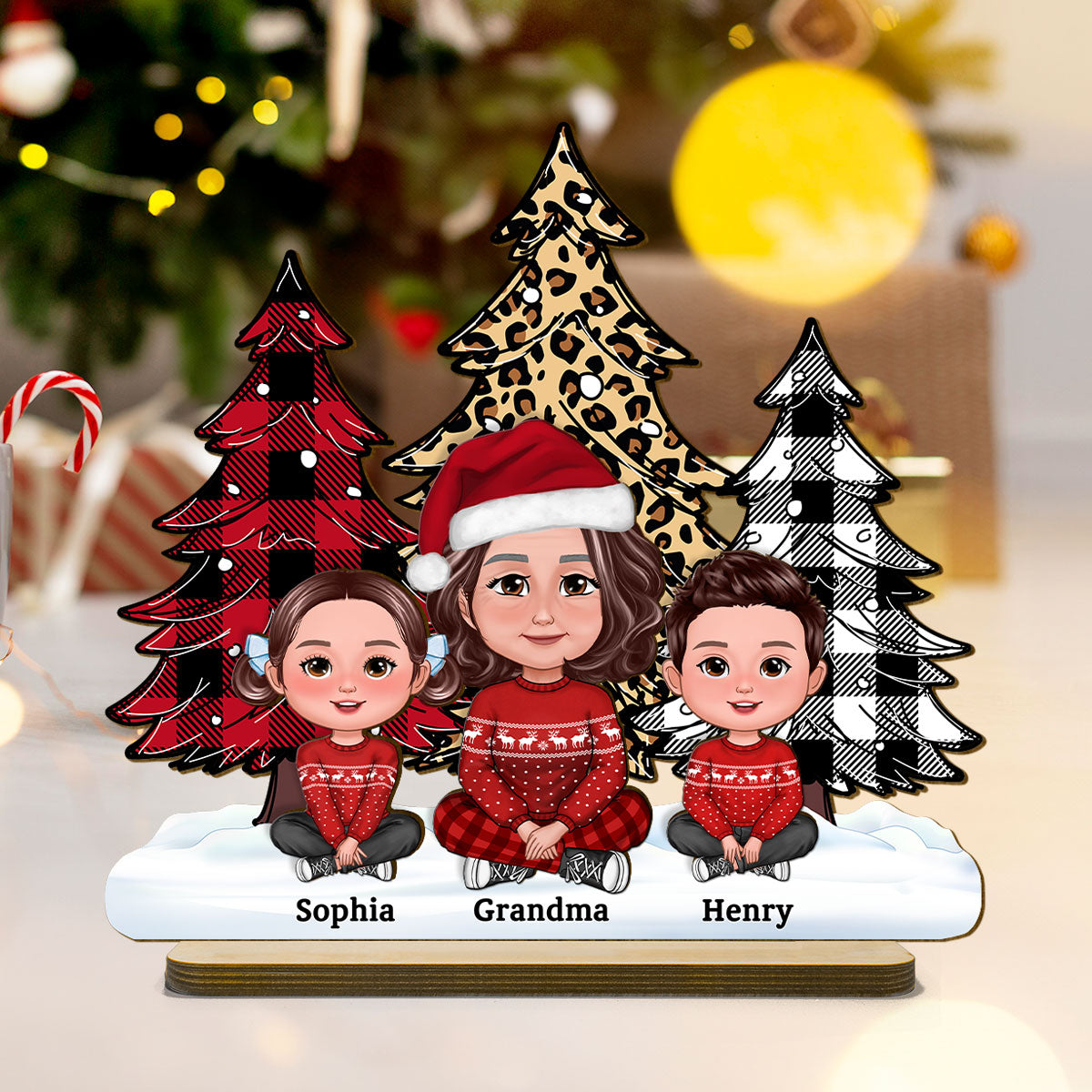 Leopard Checkered Pattern Christmas Tree Grandma Grandkids Personalized 2-Layer Standing Wooden Plaque