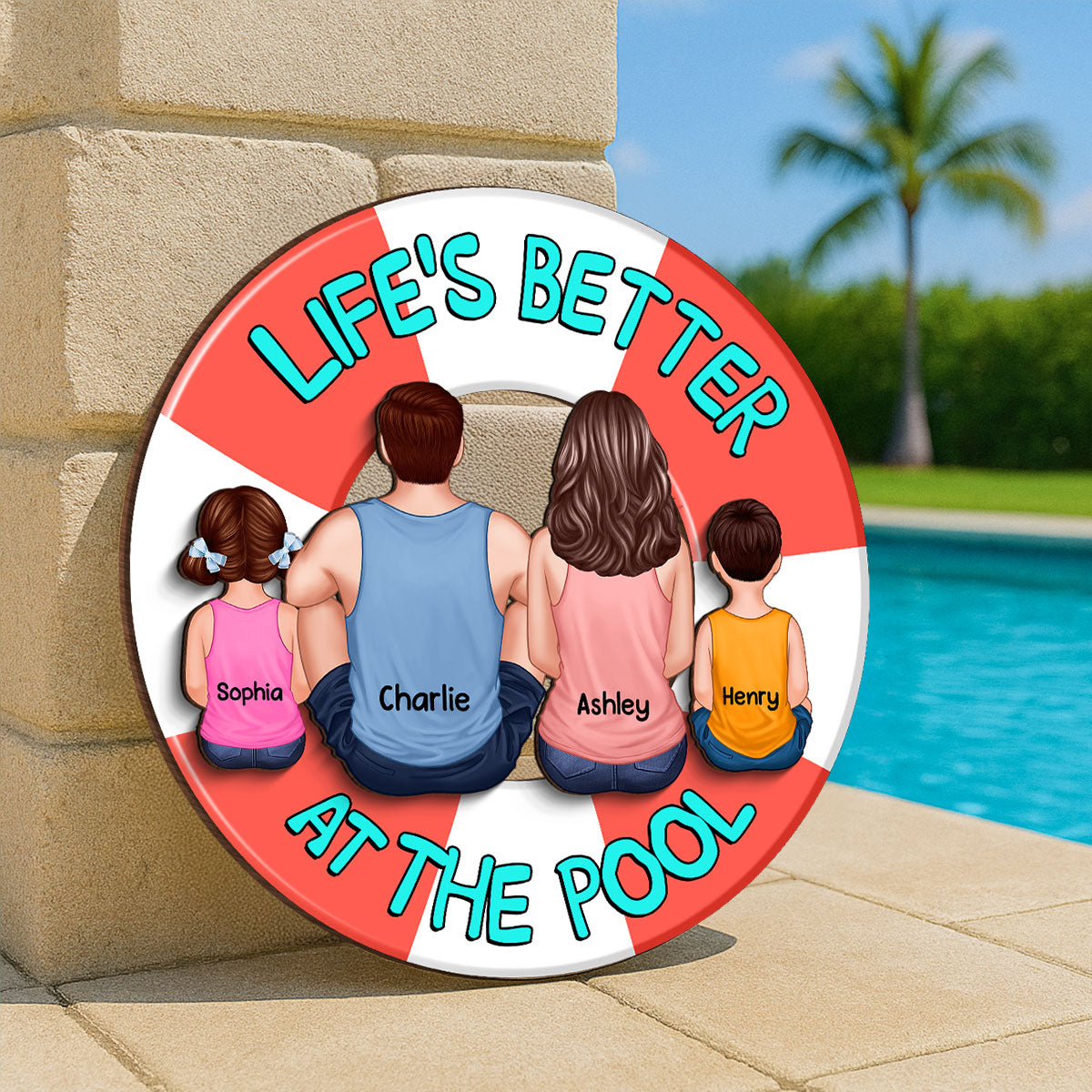Family Sitting Back View Poolside Swimming Float Personalized 2-Layer Wood Sign