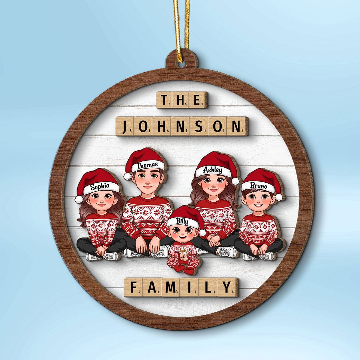 Animated Family Sitting Wooden Blocks Personalized 2-Layer Wooden Ornament, Christmas Decoration, Christmas Gift For Family