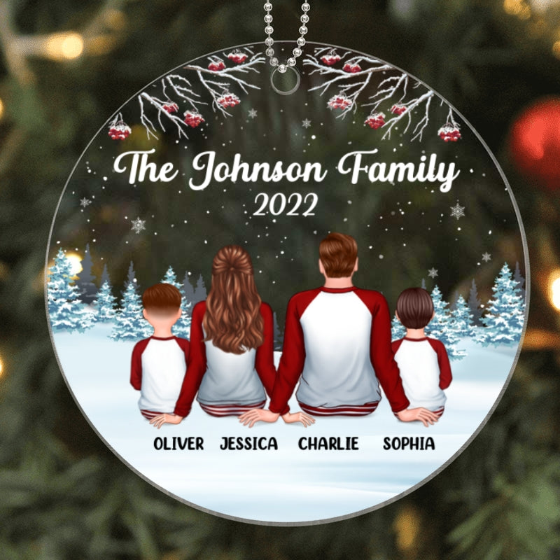 Family Back View Pajamas In Snow Personalized Circle Acrylic Ornament