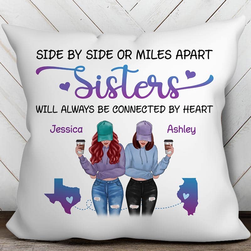 Long Distance Sisters Besties Modern Girls Personalized Pillow (Insert Included)