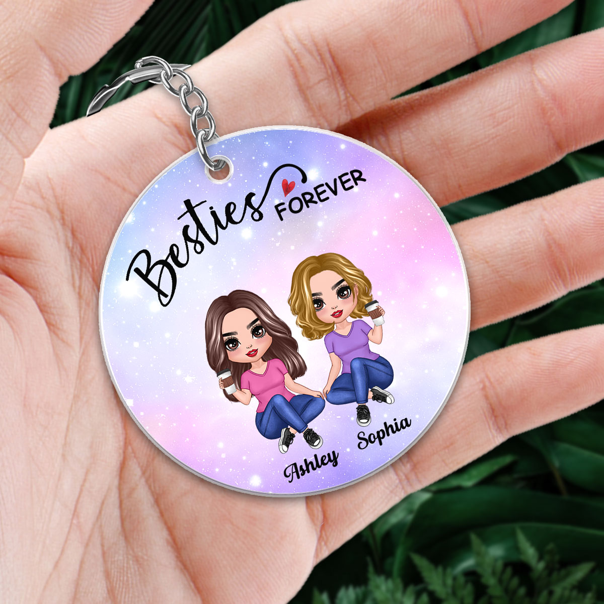 Besties Sisters Forever Pretty Women Sitting Favorite Song Scannable QR Code Personalized Acrylic Keychain