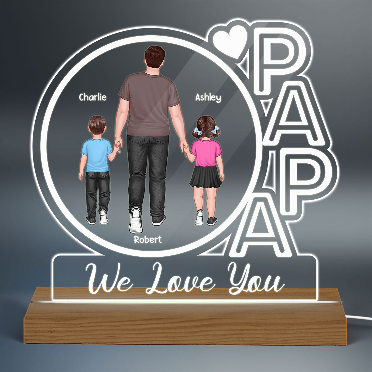 Papa We Love You Back View Walking Man & Kids Personalized Custom Shape Acrylic Plaque With Warm LED Night Light