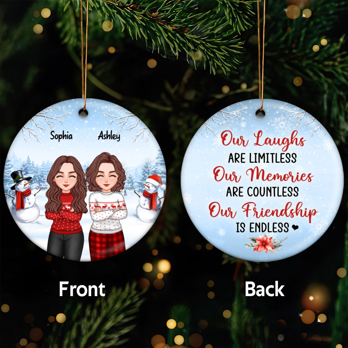 Christmas Besties Crossed Arms Sitting In Snow Personalized Double Sided Circle Ornament