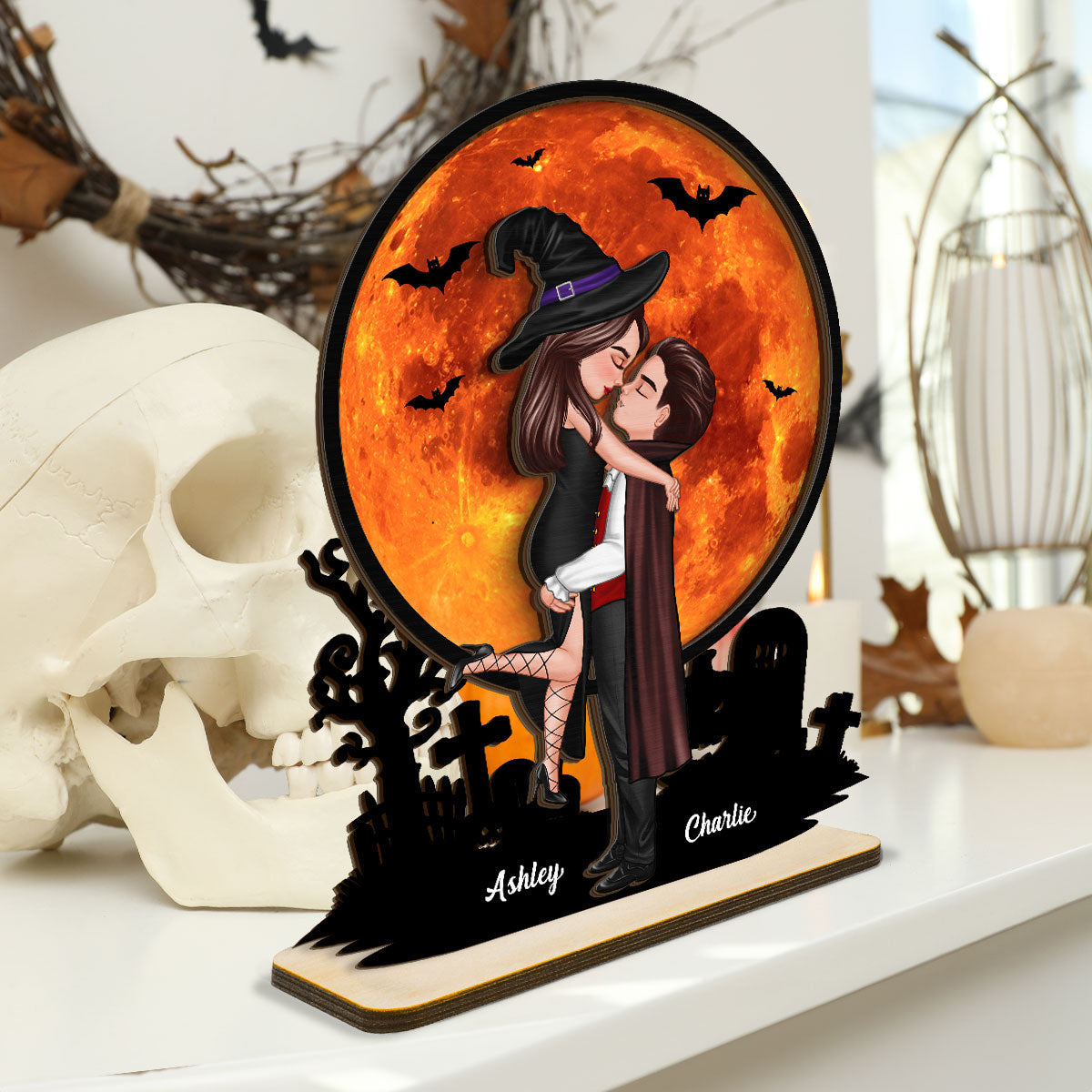 Couple Hugging Under Halloween Moon Tabletop Tier Tray Decor Personalized 2-Layer Standing Wooden Plaque
