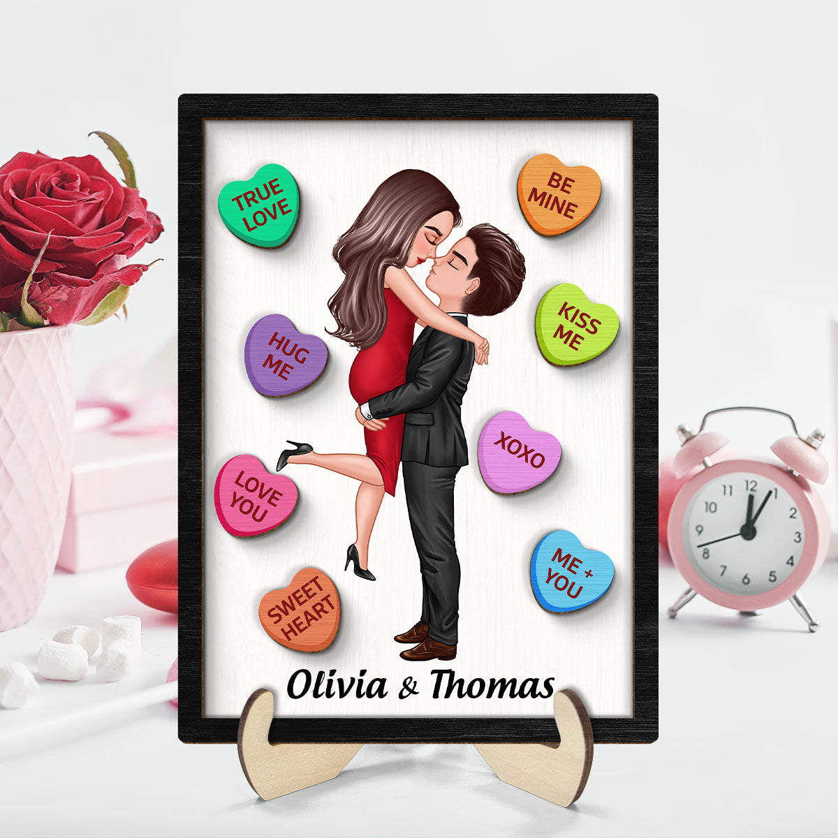 Couple Conversation Hearts Valentine‘s Day Gift Personalized 2-Layer Wooden Plaque