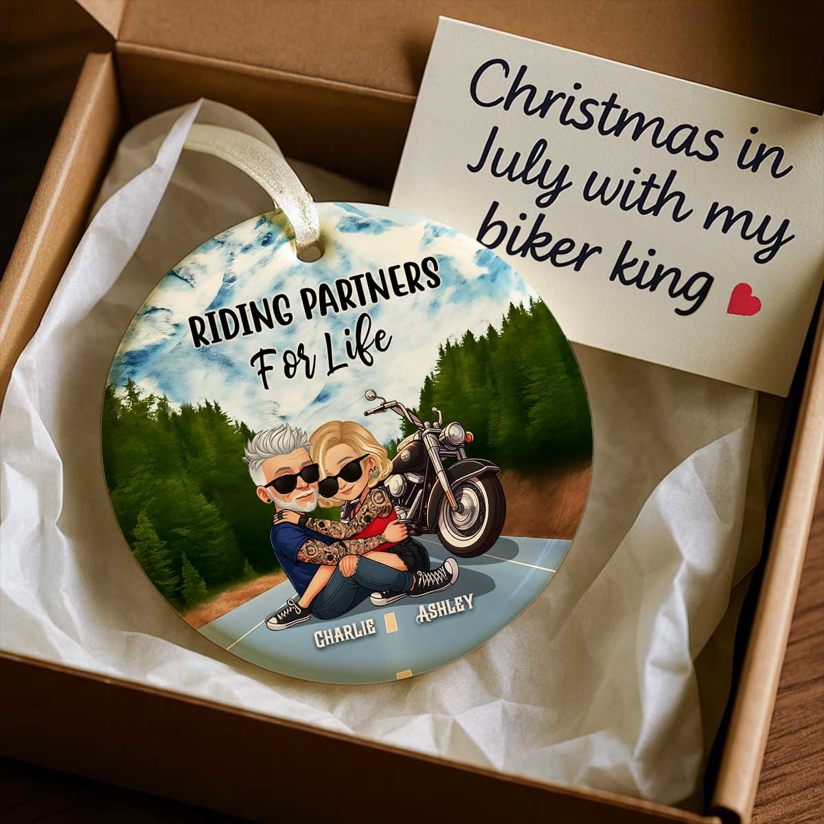 Couple Riding Side By Side Personalized Ornament for Biker Couples, Anniversary Gift, Christmas in July Gift for him, for her