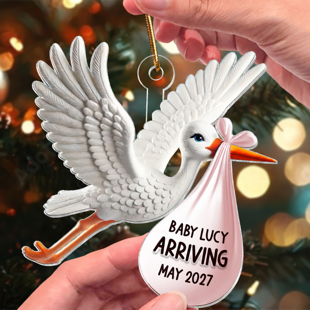 Stork Carrying Baby Bundle New Baby Arriving 3D Effect Personalized Acrylic Flat Ornament