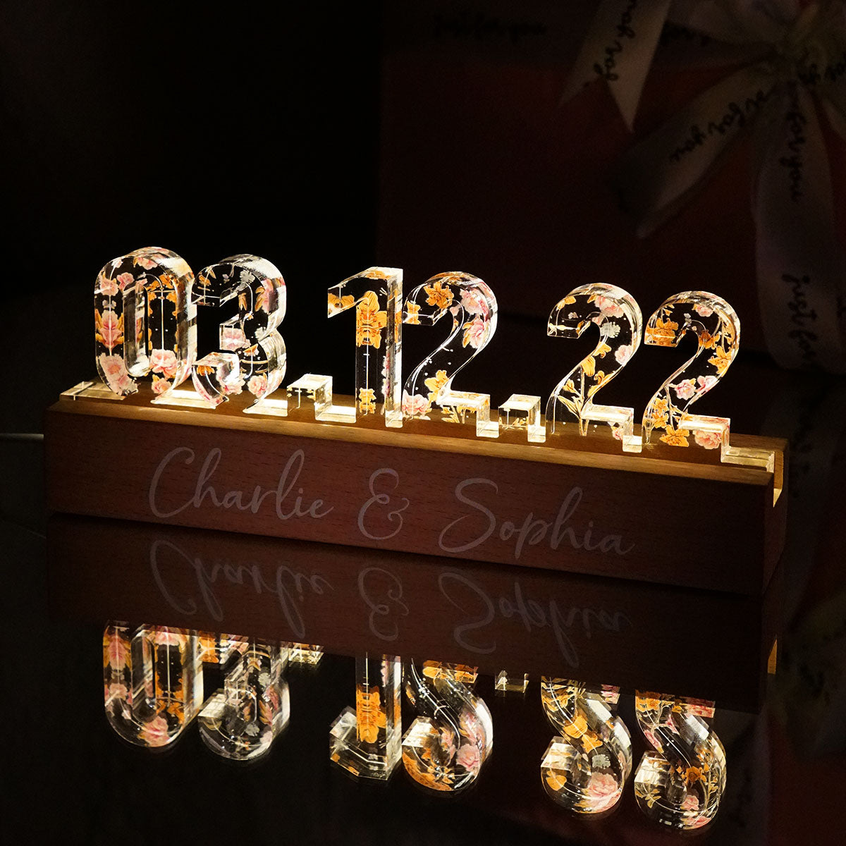 Couple Engagement Wedding Anniversary Special Date Custom Flower Printed LED Night Light, Unique Valentine's Day Gift For Him, Gift For Her
