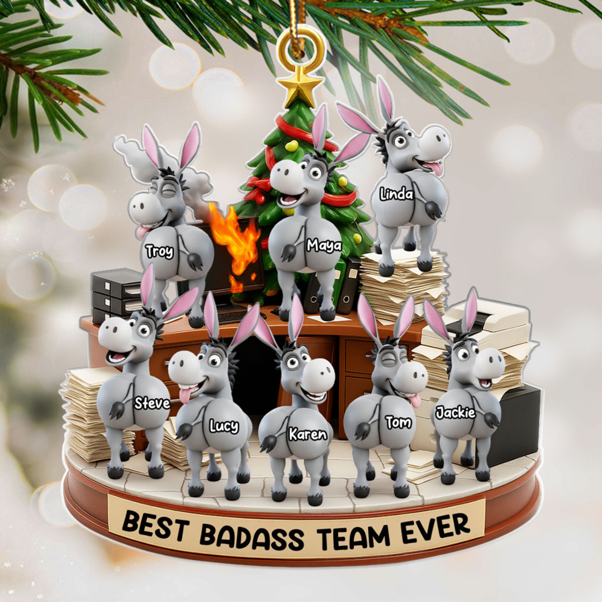 Best Badass Team Ever, Donkey Coworker Office Decoration - Personalized Acrylic Ornament - Custom Employee Gift Exchange, White Elephant Gift