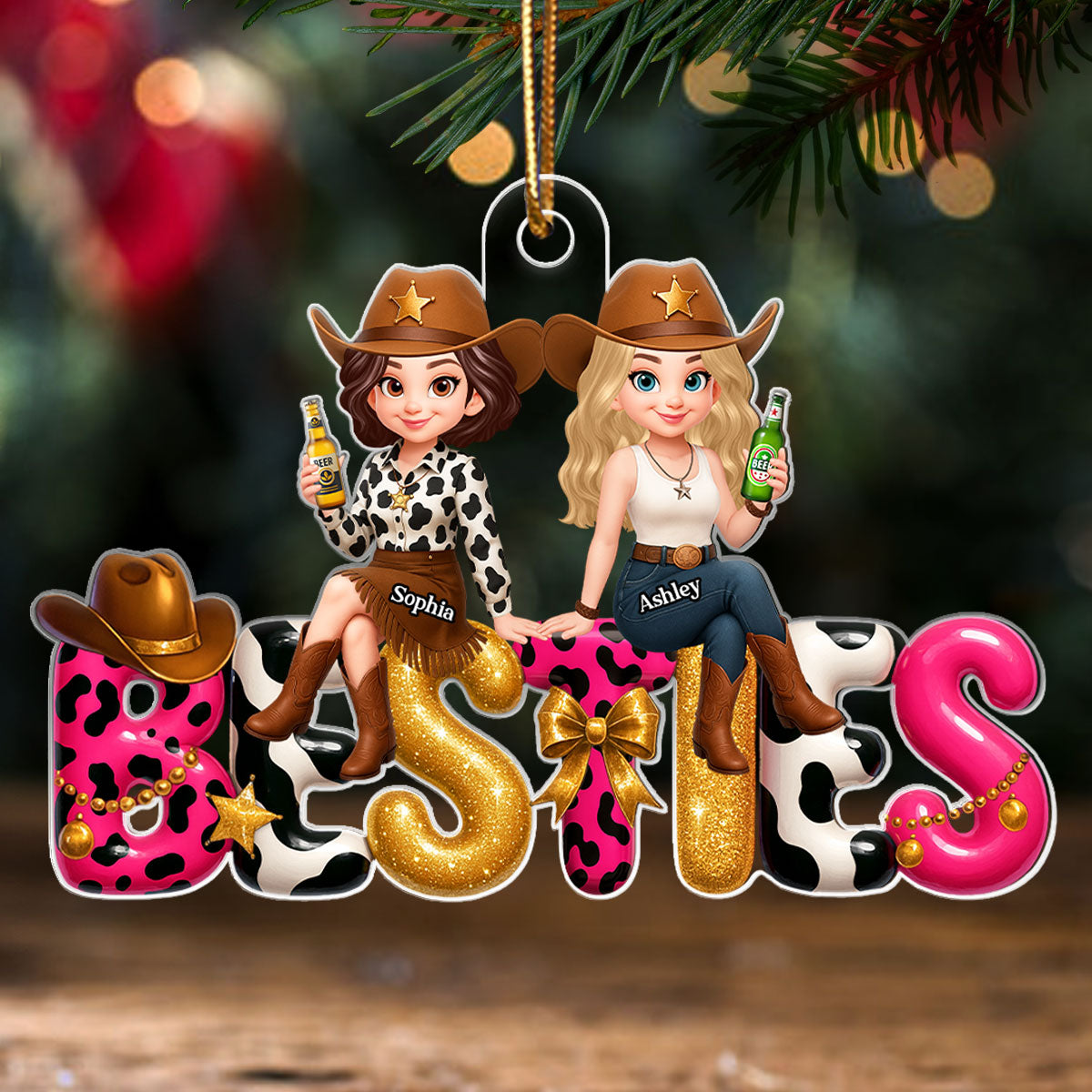 Western Besties Sitting under the Christmas Tree Personalized Acrylic Ornament - Gift for Best Friends
