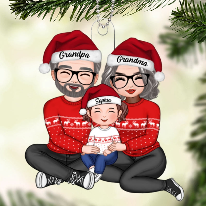 Doll Grandma Grandpa Sitting Hugging Granddaughter Grandson Personalized Acrylic Ornament