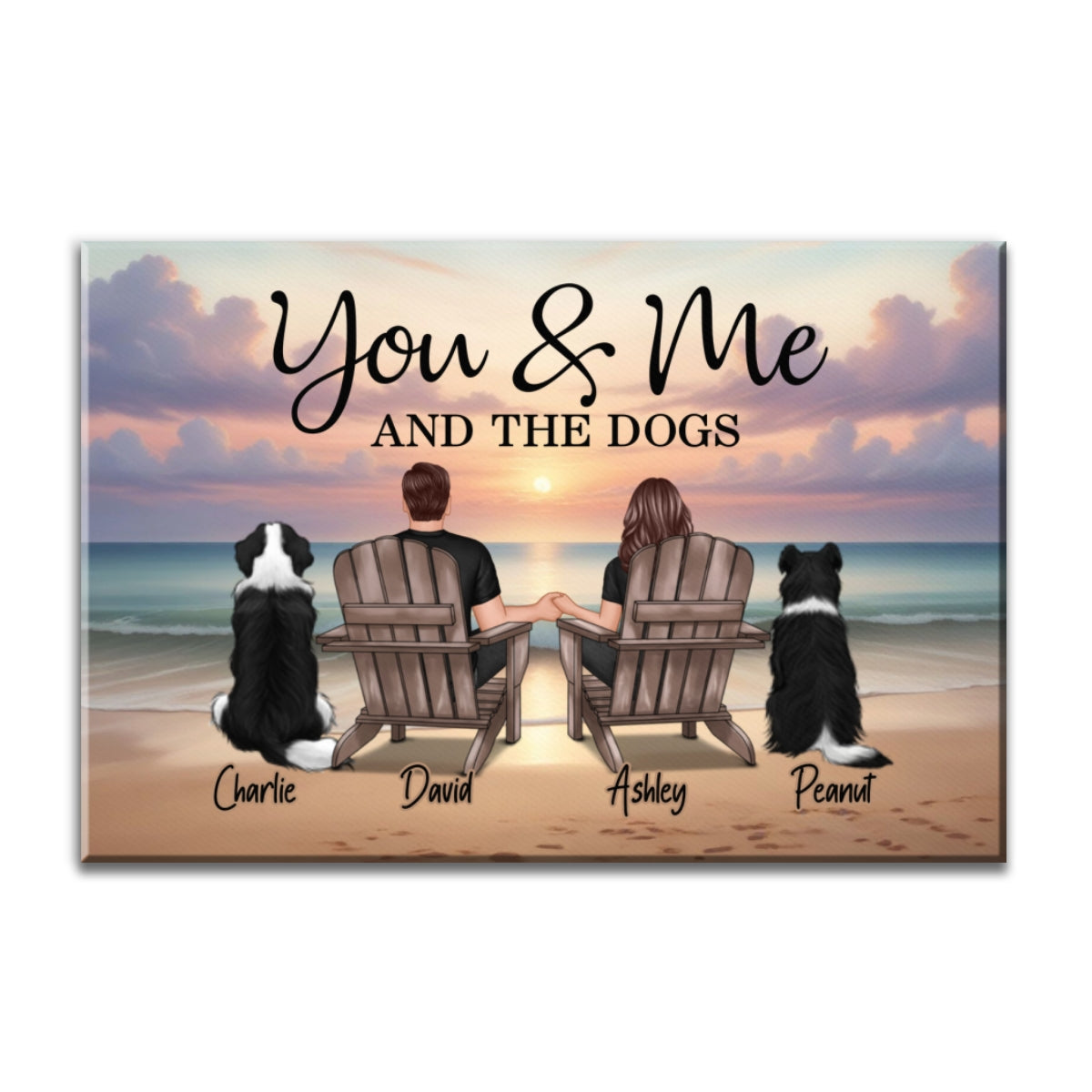 You Me And The Dogs Cats Couple Realistic Beach Landscape Personalized Canvas, Gift For Him, For Her