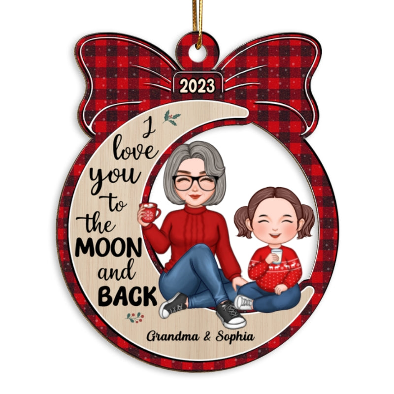 Cute Grandma & Grandkid Sitting Moon Gift Personalized Wooden Ornament