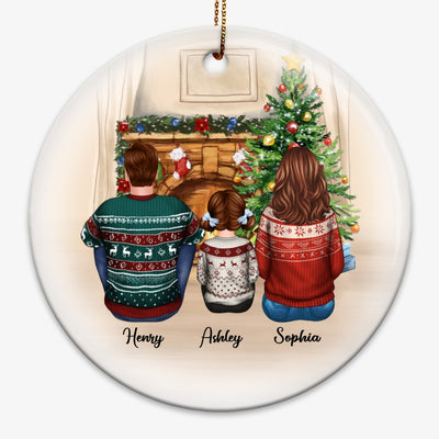 Family Sitting Around Fireplace Personalized Circle Ornament