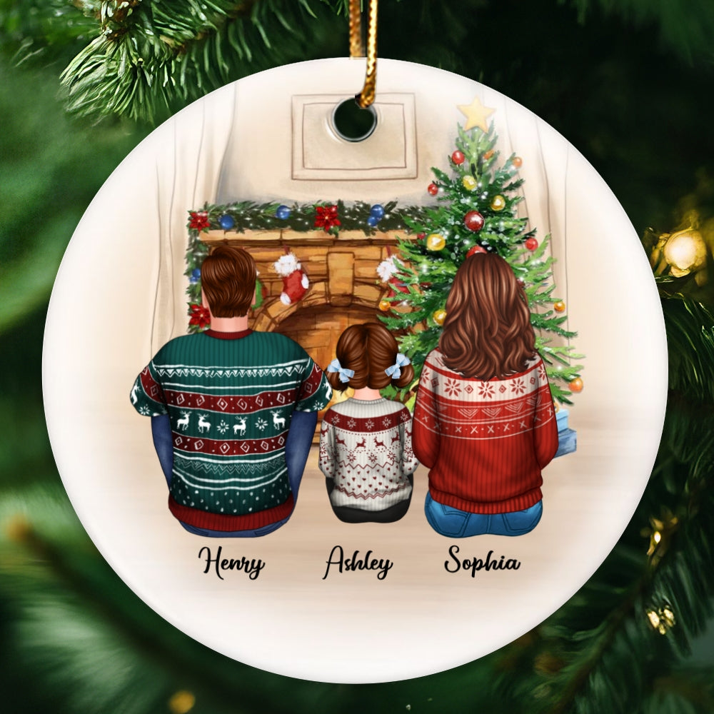 Family Sitting Around Fireplace Personalized Circle Ornament