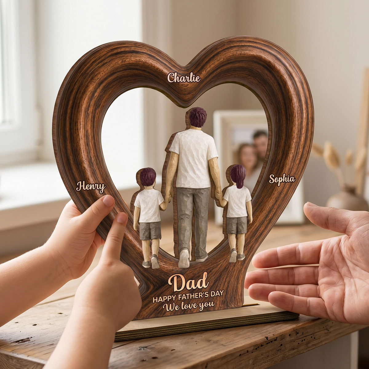 Sentimental Rustic Dad And Kids Walking In Heart 2D Flat - Personalized 2-Layered Wooden Plaque - Father's Day Gift For Dad, Husband
