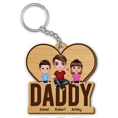 Dad And Kids Sitting Personalized Wooden Keychain