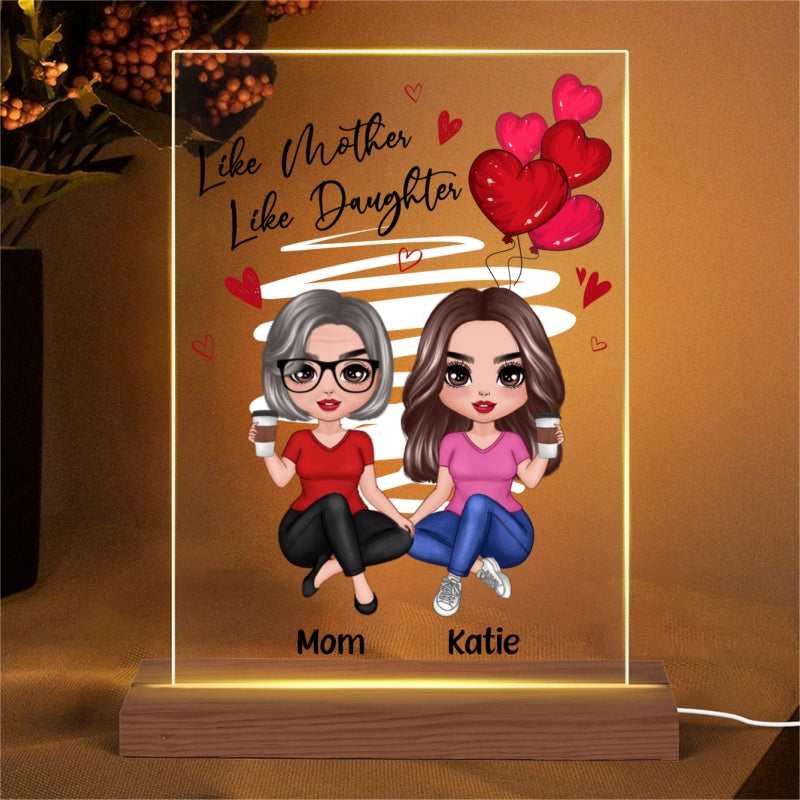 Red Hearts Like Mother Like Daughters Doll Women Sitting Gift For Mom Daughters Personalized Rectangle Acrylic Plaque LED Night Light