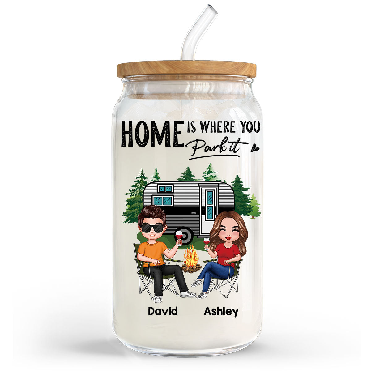 Doll Couple Camping Personalized Clear Glass Can