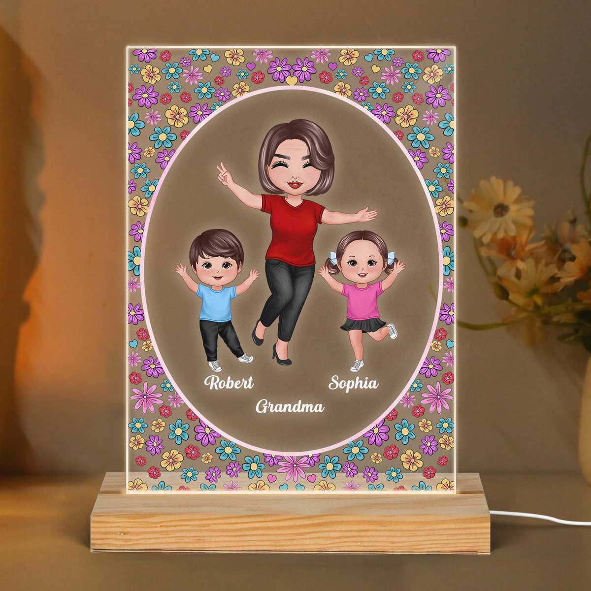 Happy Doll Grandma Kids Flowers Frame Personalized Rectangle Acrylic LED Night Light