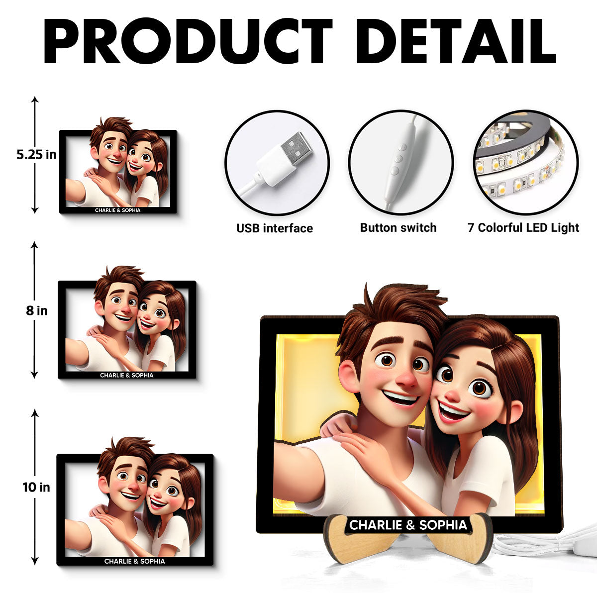 Embracing Hugging Couple Selfie Personalized 2-Layered Wooden Plaque With LED