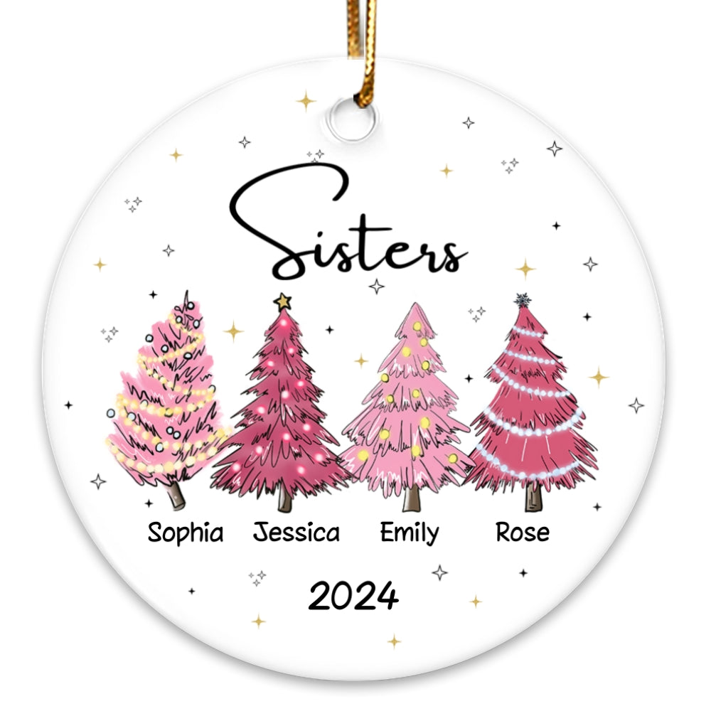 Sisters Besties Pink Christmas Tree Personalized Ceramic Ornament