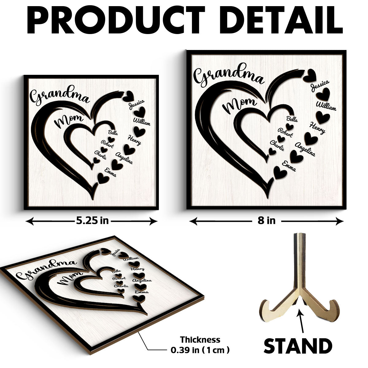 Grandma Mom Heart In Heart Personalized 2-layer Wooden Plaque, Gift For Mom