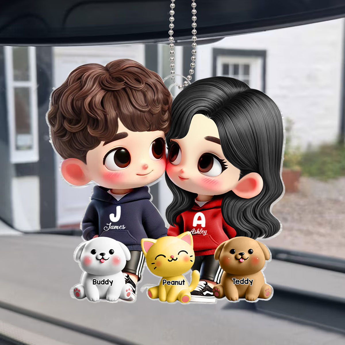 3D Effect Cute Cartoon Couple Holding Hands with Dogs Cats Personalized Acrylic Car Hanger, Anniversary &  Gift for him, Gift for her