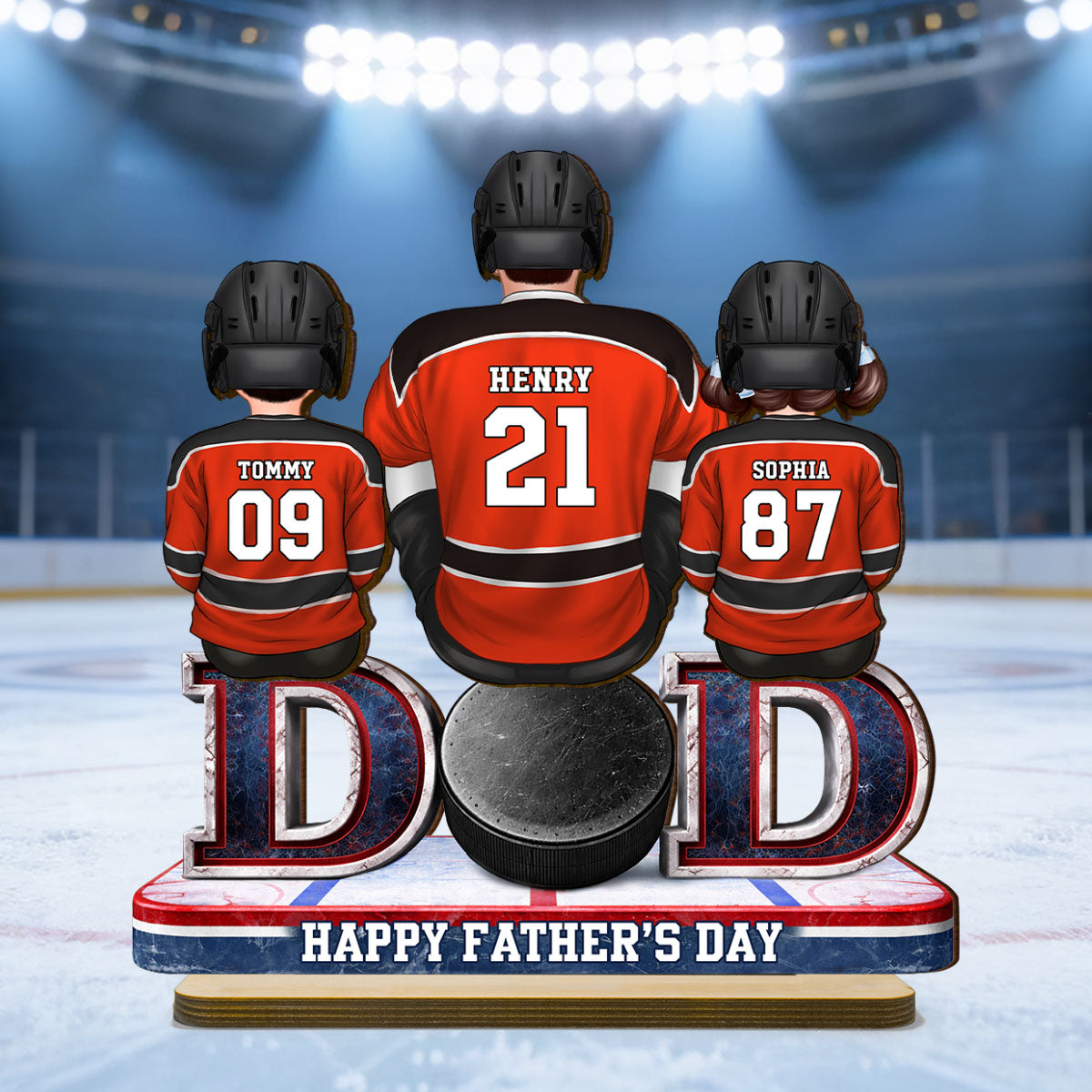 Hockey Dad And Kids Sitting Together - Personalized 2-Layered Wooden Plaque - Father's Day Gift, Gift For Hockey Dad, Gift For Husband