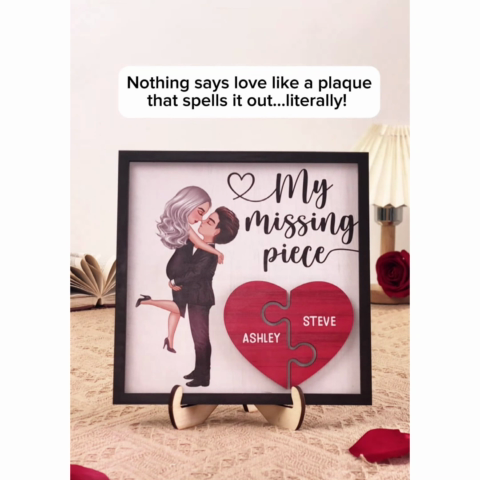 My Missing Piece Doll Couple Hugging Kissing Heart Piece Personalized 2-Layer Wooden Plaque