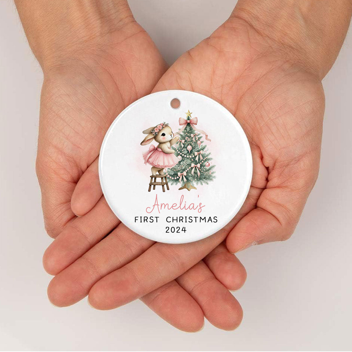 Baby's First Christmas Rabbit Personalized Circle Ceramic Ornament, Baby Girl Name Baby Shower Gift Keepsake