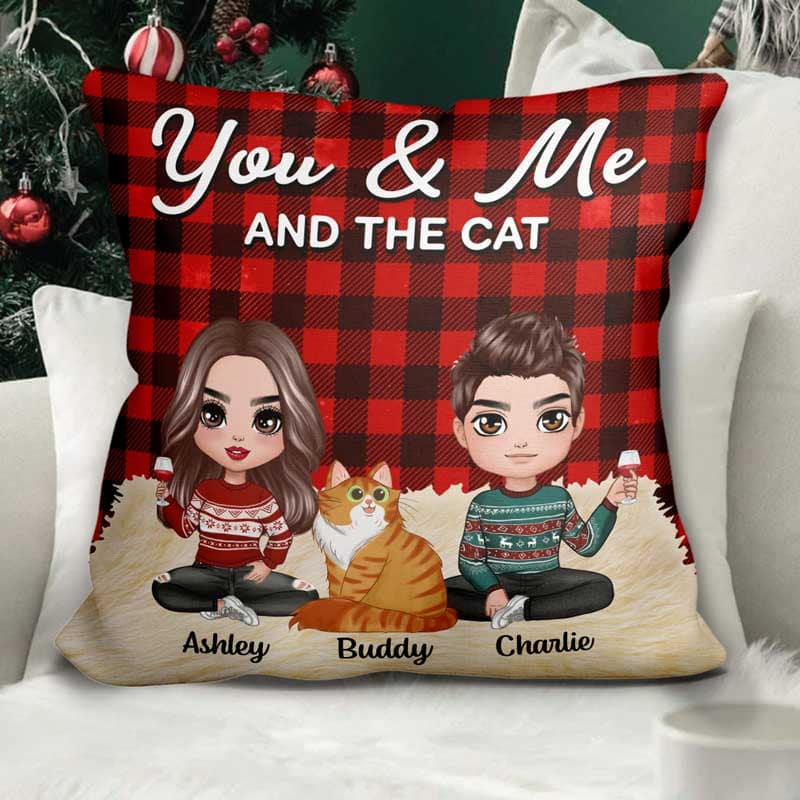 Doll Couple Sitting With Cats Christmas Personalized Pillow (Insert Included)