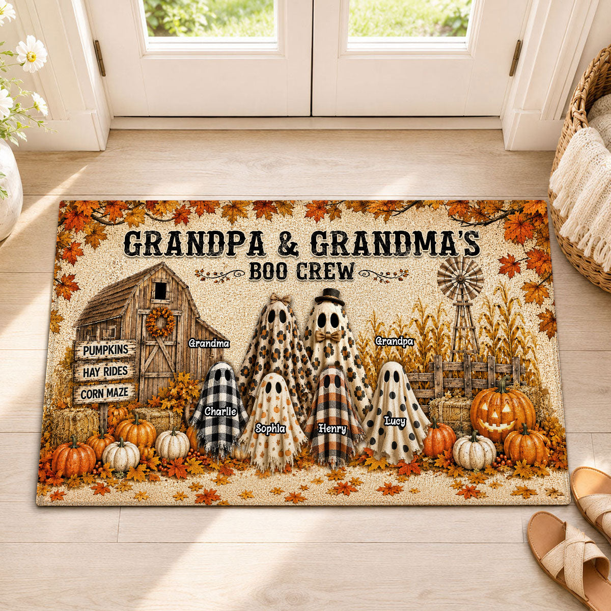 Halloween Rustic Barnhouse Grandpa & Grandma's Boo Crew - Personalized Doormat - Halloween Decor For Grandparents