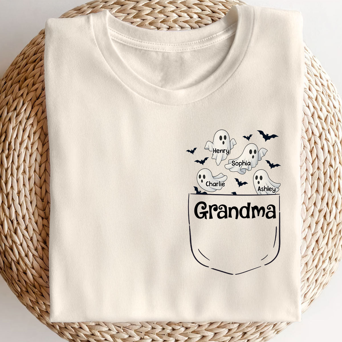 Grandma Cute Ghost and Bat Halloween In Pocket Effect Personalized Shirt