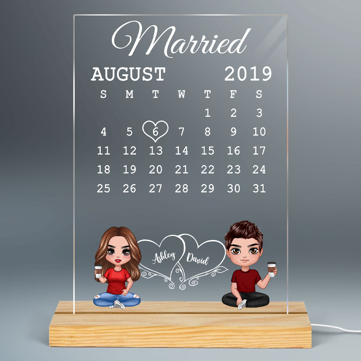 Doll Couple Sitting Calendar Anniversary Date Gift For Him For Her Personalized Rectangle Acrylic Plaque LED Lamp Night Light