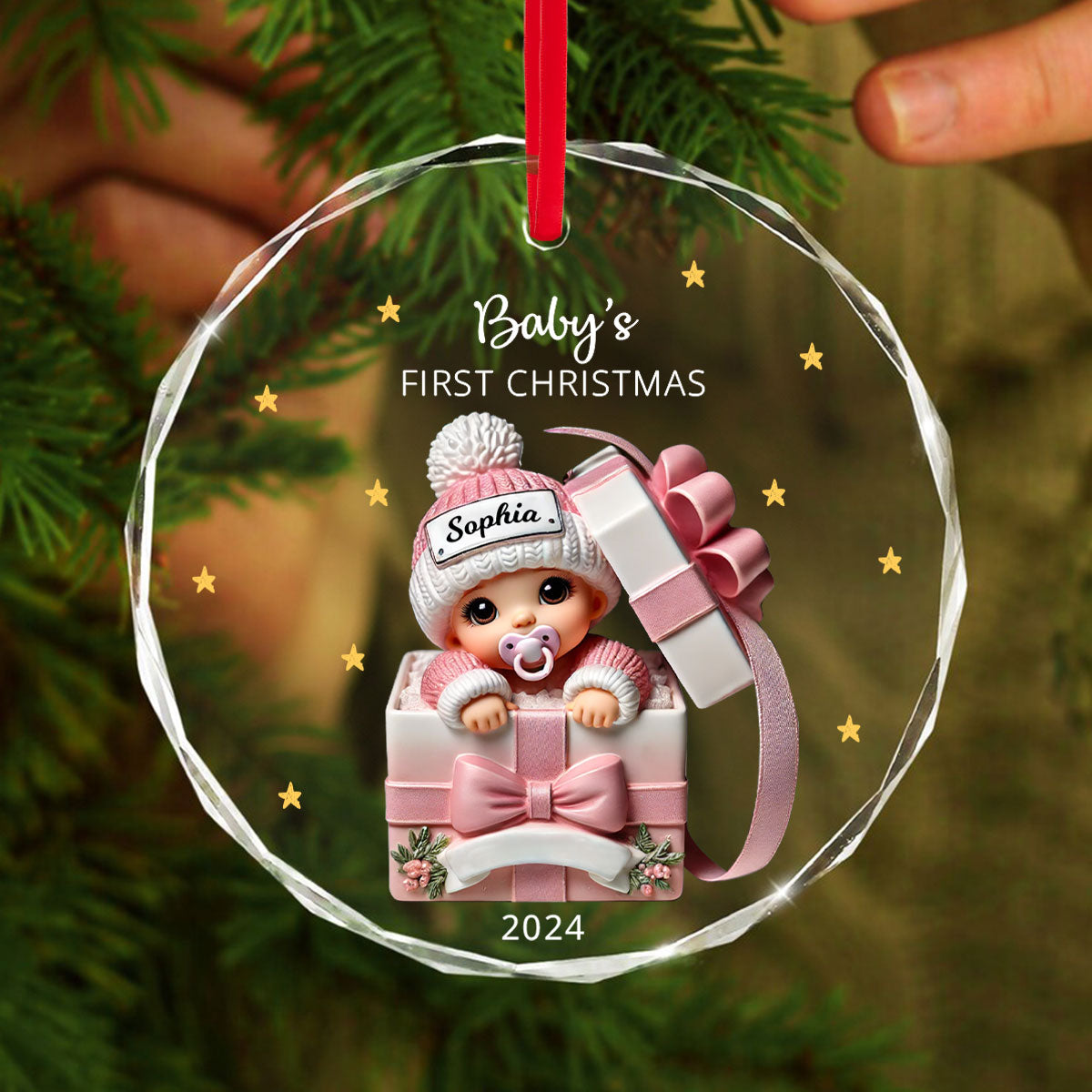 Baby Inside Gift Box Personalized Glass Ornament, Baby First Christmas Keepsake