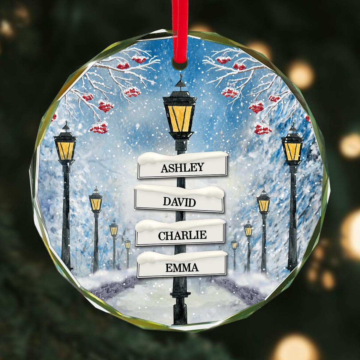 Winter Family Names Lamp Post Signs Christmas Glass Ornament, Christmas Gift For Family