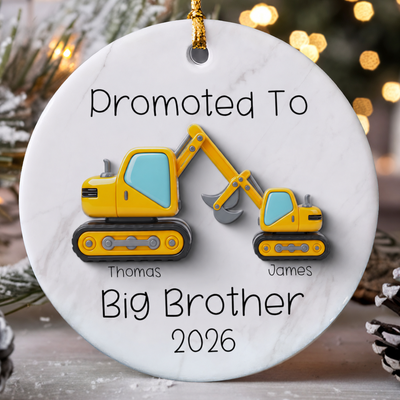 Promoted To Big Brother Big Sister 3D Effect Excavator - Personalized Ceramic Ornament - Proud New Big Siblings Gift