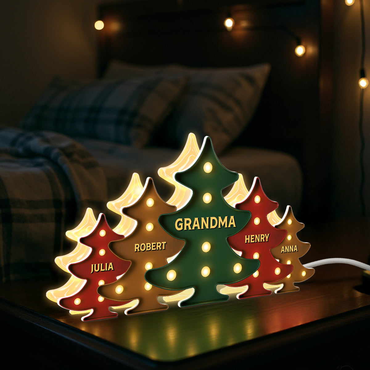 3D Effect Retro Vintage Christmas Tree Grandma Grandkids - Personalized Light Box - Gift For Grandmas