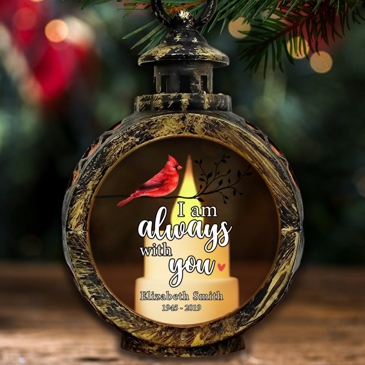 Always With You Cardinal On Branch Memorial Keepsake Personalized Lantern Ornament