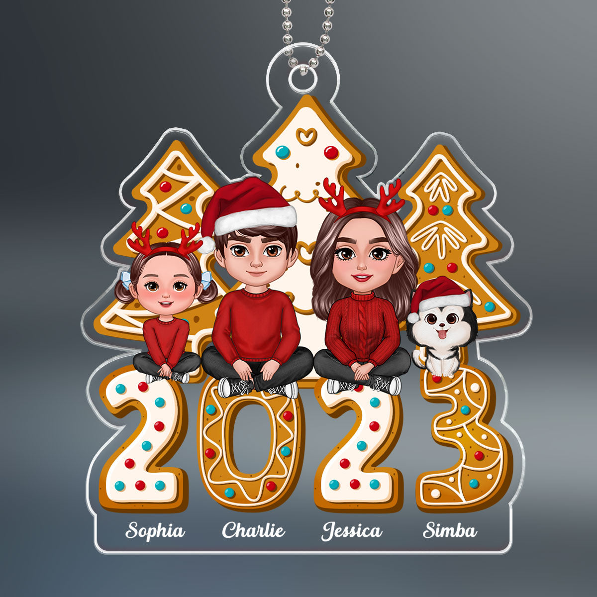Gingerbread 2023 Family Dad Mom Kids Dogs Cats Crossed Legs Sitting Personalized Acrylic Ornament