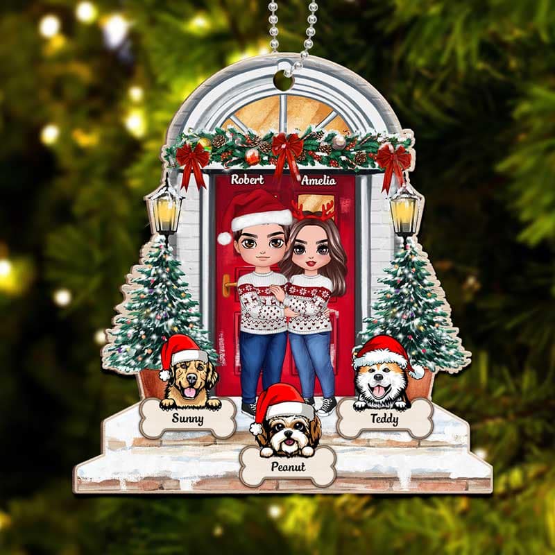 Doll Couple And Dogs Standing On The Front Porch Personalized Wooden Ornament