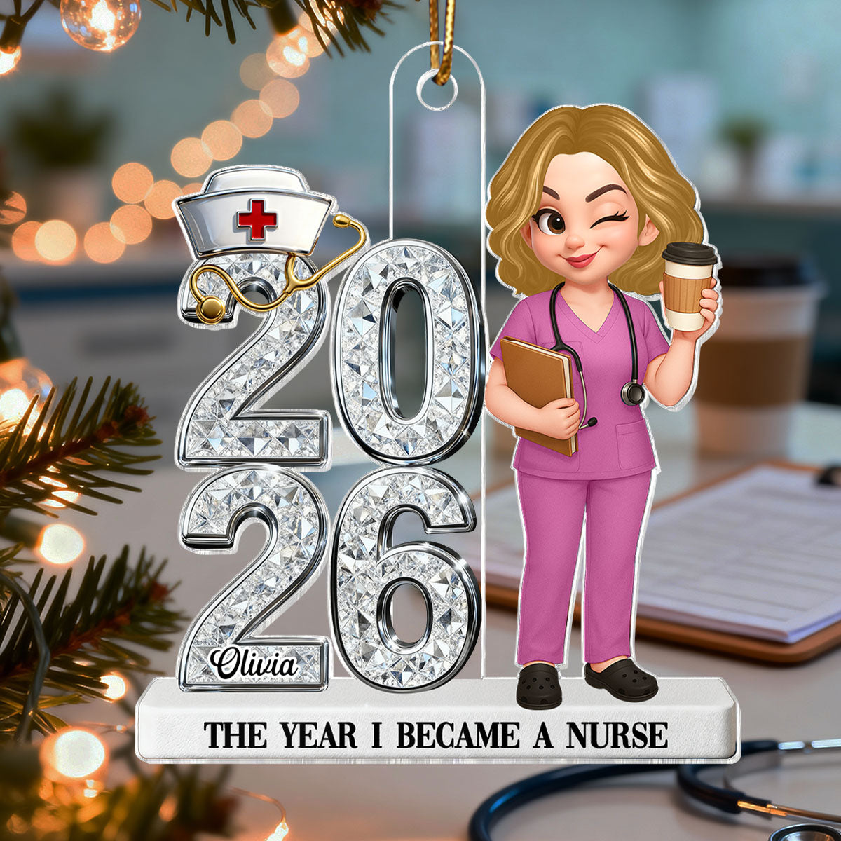 3D Shiny Effect New Nurse With Year - Personalized Acrylic Ornament - RN Gift, BSN Gift, Nursing Graduation Gift
