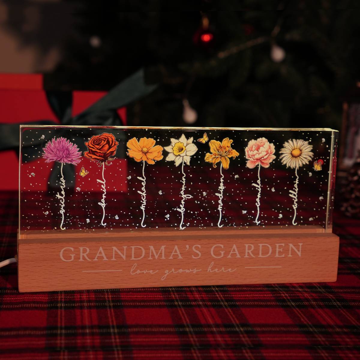 Grandma‘s Garden Birth Month Flowers - Personalized Acrylic Block Plaque LED Night Light - Heartfelt Gift For Grandma